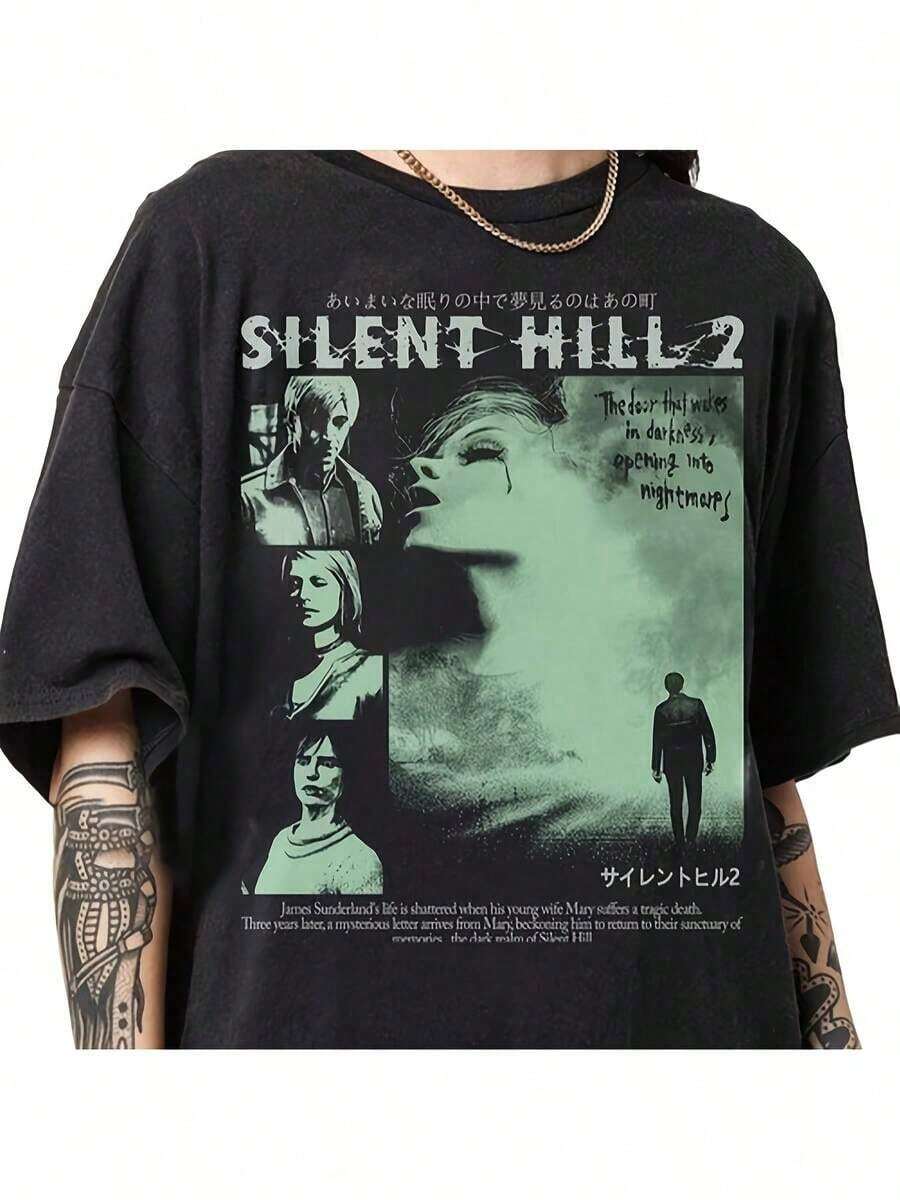 Silent Hill II Shirt, Retro Silent Hill II Shirt, Unisex, Retro Style, Comfortable Fit, Durable Fabric, Everyday Wear, Classic Design, Soft Material, Printed Shirt, Adult Clothing. Men's Soft Short-Sleeved Crew Neck Activewear Shirt, Comfortable Gym Workout Shirt, Summer Streetwear For Everyday Wear. - 黑色 - 查看 1