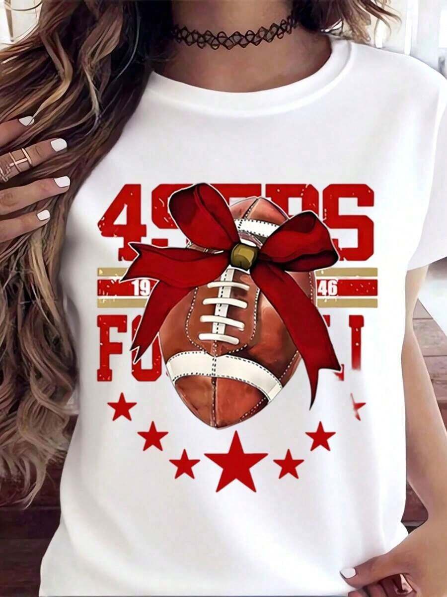Camiseta Casual para Mujer, Blanca con Estampado del Equipo de Fútbol Americano 49ers, Lazo Rojo y Estrellas, para el Día del Partido y Uso Diario, 220g, 100% Algodón, Resistente - Blanco - Ver 1