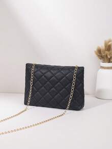 Bolso cruzado de mujer acolchado negro de moda con correa ajustable con logotipo dorado en tono M, bolso de hombro casual diario, bolso de mano con cremallera ligero - Negro - Ver 4