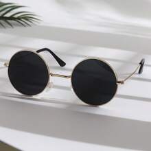 1 Stück runde Modebrillen, süßer Ozean-Sonnenuntergang-Stil Metallrahmen Modebrillen für Valentinstag, Sommer Strand Urlaub, Outdoor, Reise im Vintage-Stil mit Oversized rundem Rahmen für Ausgehmodus, Schulanfang - Gold - Übersicht 4