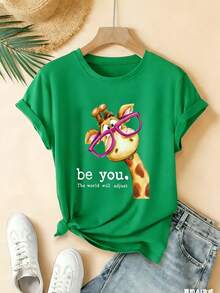 Camiseta de Verano de Alta Gama para Mujer, Camiseta de Manga Corta con Diseño Novedoso, Estilo Deportivo Casual con Cuello Elástico, 100% Algodón, Estampado de Jirafa con Gafas Adorables, Crea Tu Propio Estilo, Top Casual Artístico, Moda Sencilla y , Éxito de . - Verde - Ver 12