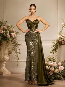 VIPGIRL Elegante y glamoroso vestido de noche largo sin tirantes para mujer con detalles de lentejuelas y malla en contraste para fiesta de boda - Verde Oscuro - Ver 5