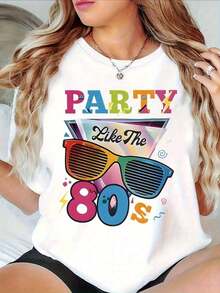 80s Themed Party! Vintage Style Print T-Shirt For Women, Round Neck And Short Sleeves. - White - View 1