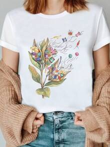 1 Funny Floral Sewing Print T-Shirt, Seed Pod Design T-Shirt With Sewing Materials, Floral Shirt With Lace And Buttons, T-Shirt For Crafters And Sewing Enthusiasts, Breathable And Machine Washable Summer Clothes For Women, Casual And Versatile Style, 180g 100% Cotton. - 白色 - 查看 1