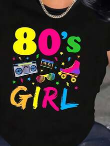 Women's 80s Graphic Tee - Short Sleeve, Crew Neck, Casual Retro Accessory Design Tee, All Season Top, Regular Fit, Vintage Style T-Shirt With Fun Print, Comfortable Fit Tee, Women's Clothing - 黑色 - 查看 1