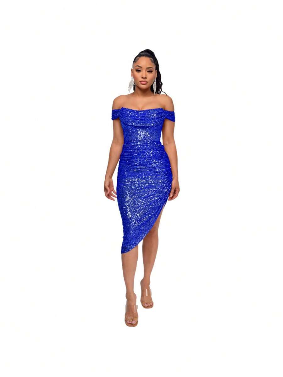 Women's Champagne-Colored Sequined Dress, Off-Shoulder Draped Design, Asymmetrical Side Slit, Stretchy Shiny Fabric Ideal For Summer Parties, Weddings As A Guest And Elegant Outdoor Dinners, Sexy Glamorous Style Perfect For Celebrations And Formal Events - 藍色 - 查看 1