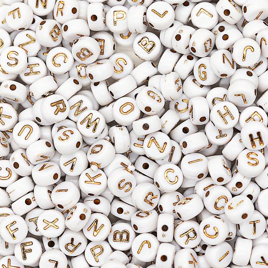 200/500pcs 7mm Acrylic Letter Beads With White Background And Gold Letters - DIY Jewelry Making Accessories Beads For Jewelry, Bracelets, Necklaces, Earrings - Small Business Crafts, Pattern Beads, Random Letter Beads Necklace - White - View 1