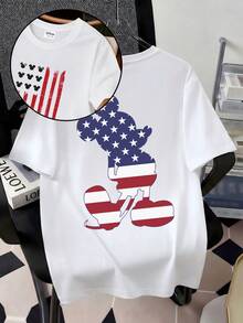Officially Licensed Disney Mickey Mouse American Flag Graphic T‑Shirts For Men 100% Cotton Short Sleeve Crew Neck USA Patriotic Star Stripes Print Oversized Streetwear Tee Retro 4th Of July Independence Day Summer Casual Holiday Outfit - White - View 2