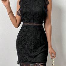 Lunessa Guipure Lace Overlay Mock Neck Scallop Trim Dress - azul real - Ver 5