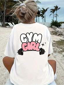 1 Piece Of Women's Oversized Graphic Tee, Featuring A Dumbbell Print, "Gym Girl", Casual Loose Fit, Short Sleeves, Crew Neck, Cotton Blend, Ideal For Gym, Training And Athleisure Style Outfits, 180g 100% Cotton. - 白色 - 查看 12