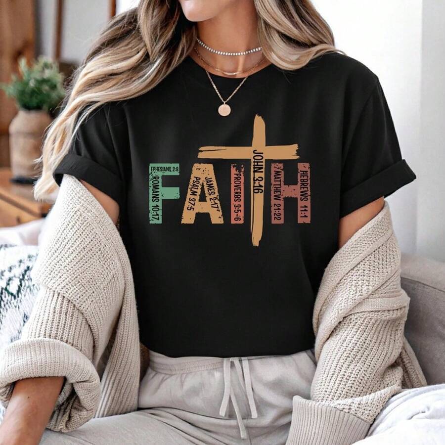 Faith T-Shirt, Christian T-Shirt, T-Shirt With Bible Verse, Clothing With Cross, Gift For Jesus Lovers - 黑色 - 查看 1