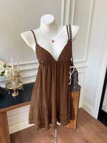 Vestido de tirantes corto, de unicolor, casual y de vacaciones para mujer - Marrón - Ver 5