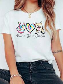 Tie Dye Peace Love Shiba Inu Dog Puppy Paw Lover Print T-Shirt, Casual Short Sleeve Crew Neck T-Shirt, Comfortable, For Spring And Summer, Women's Clothing. - 白色 - 查看 6
