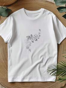 Women's Premium Casual Floral Print T-Shirt, Summer Clothing, Gift For Women, - 白色 - 查看 5