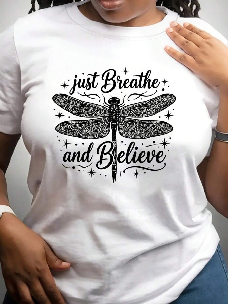 Dragonfly, Women's Casual Short-Sleeved Round Neck T-Shirt, Fashionable, Made Of Soft And Breathable Fabric, Machine Washable, Regular Fit, Suitable For Everyday Comfort In Spring And Summer, T-Shirt With Artistic Print. - 白色 - 查看 1