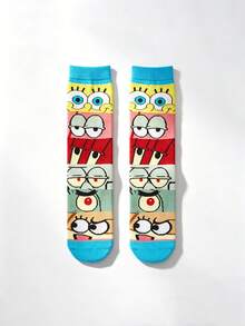 SpongeBob SquarePants 4雙女款襪子，多色方格圖案與船襪，滿版卡通印花，彈性襪口，聚酯纖維面料，透氣柔軟舒適，趣味街頭風，女襪，女絲襪，適合春季日常休閒與居家使用 - 彩色 - 查看 11