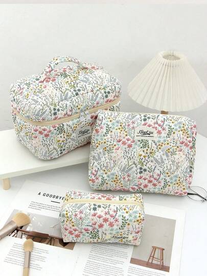 Elegant Floral Pattern Quilted Cosmetic Bag, Large Capacity Multi-Functional Organizer Pouch, Travel Toiletry Bag, Holiday Gift, Makeup Cosmetic Travel Organizer, Essential Gift Bag, Zipper Accessory, Nail Polish Bag, Makeup Bag, Vanity, Makeup Bag, Organizer, Organizer, Makeup Bag, Toiletry Bag, Desktop Organizer, Women's Gift, Christmas Gift, Creative Women's Gift