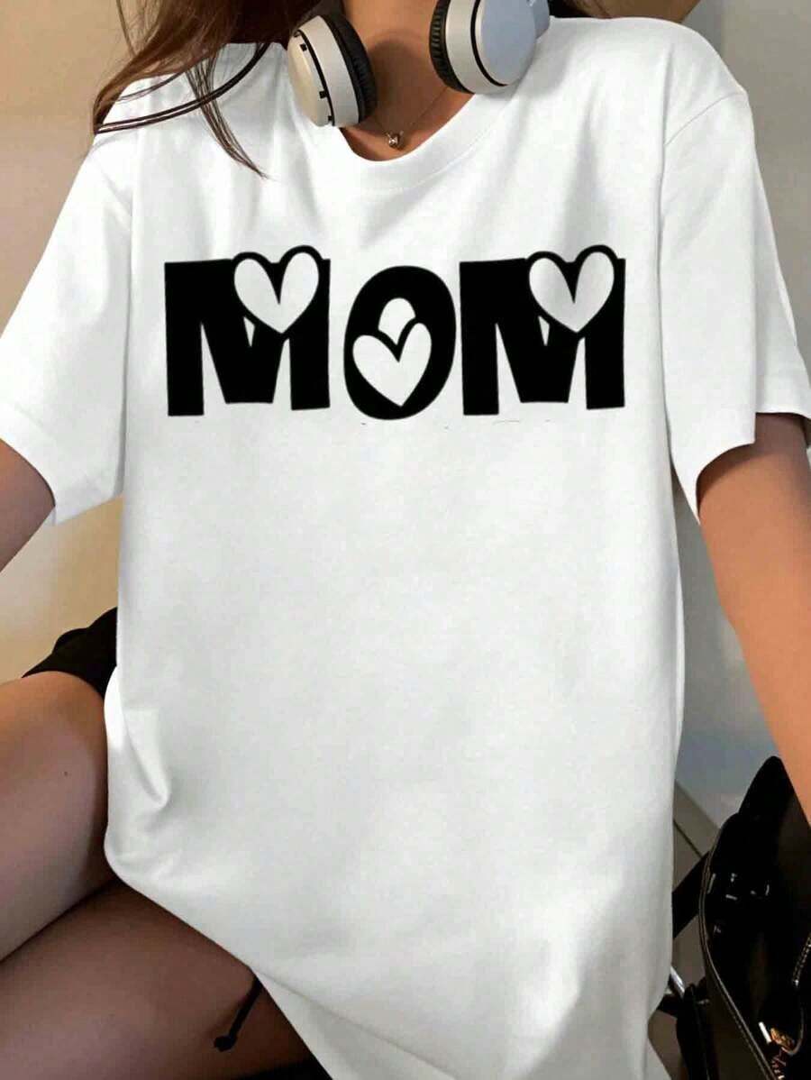 Women's Heart Print T-Shirt, Casual Loose Fit, White, With Love Design, Perfect As A Mother's Day Gift And For Everyday Wear [Suitable For Leisure And Sports Occasions] - 白色 - 查看 1