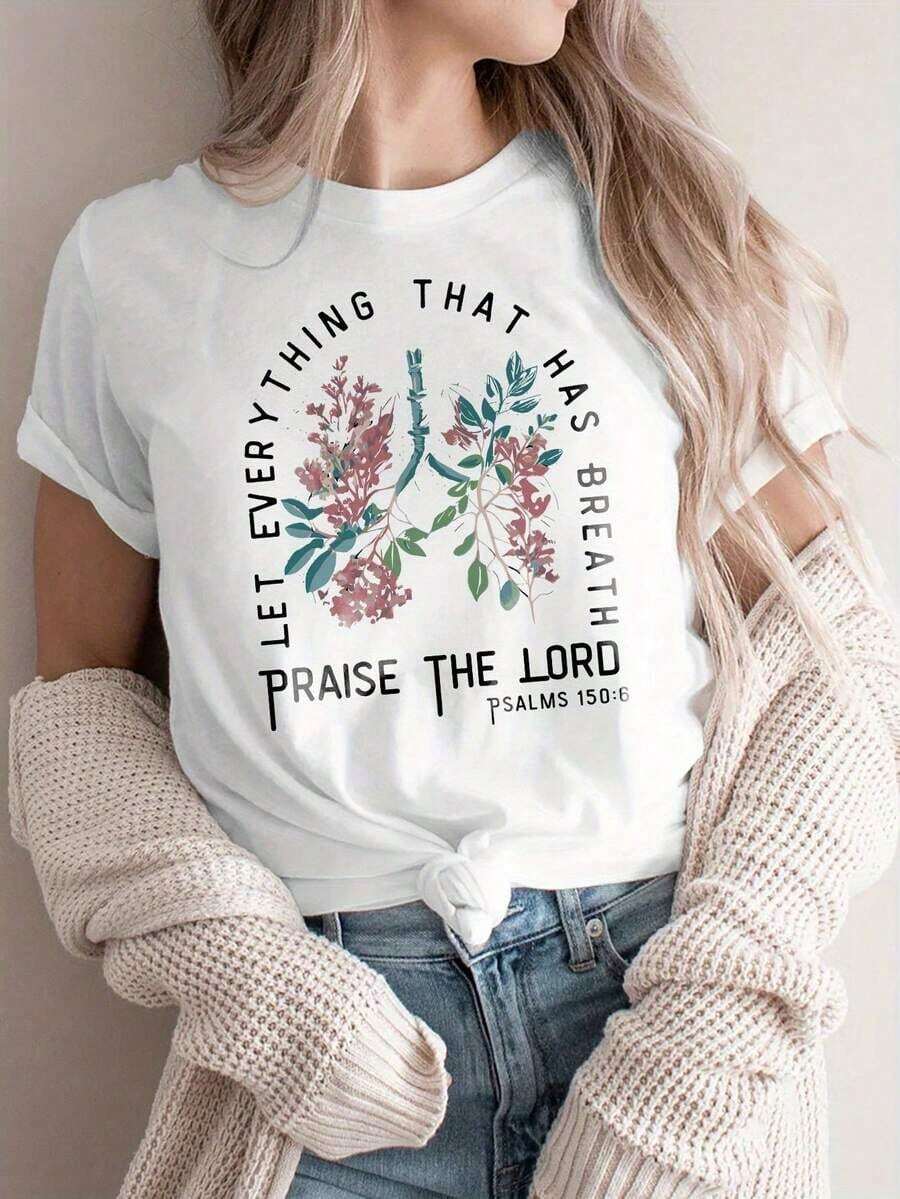 Modern And Minimalist Christian T-Shirt For Women, Printed With "Let Everything That Has Breath Praise The Lord" And The Bible Verse From Psalm 6 - Floral Cross Design, Short Sleeve T-Shirt, Suitable For Church, Casual Wear And Easter Gifts - Casual Clothing For The Four Seasons, Inspirational Christian Clothing With Floral Scripture Print, Suitable For Casual Women's Faith Outfits For Everyday Use. - 白色 - 查看 1