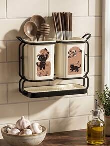 Cute Cat Print Kitchen Utensil Holder, Wall Mount Or Countertop Chopstick Caddy With Drain Base, Durable & Easy To Clean, Multi-Functional Organizer For Spoons, Forks & Kitchen Tools, Ideal For Small Kitchen - Multicolor - View 9