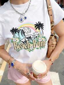 Vintage White Graphic Tee With Wave And Palm Tree "Beach Bum", Y2K Oversized Coastal Holiday Tee, Retro Surf Top, Soft Casual Tee For Beach Getaway, Stroll And Surf Outfit, Viral Summer Coastal Cowgirl Aesthetic Fashion - 白色 - 查看 5