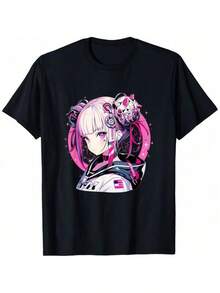 Camiseta con estilo cyberpunk y diseños de chicas anime, especialmente diseñada para fanáticas otaku, 100% algodón. - Negro - Ver 1