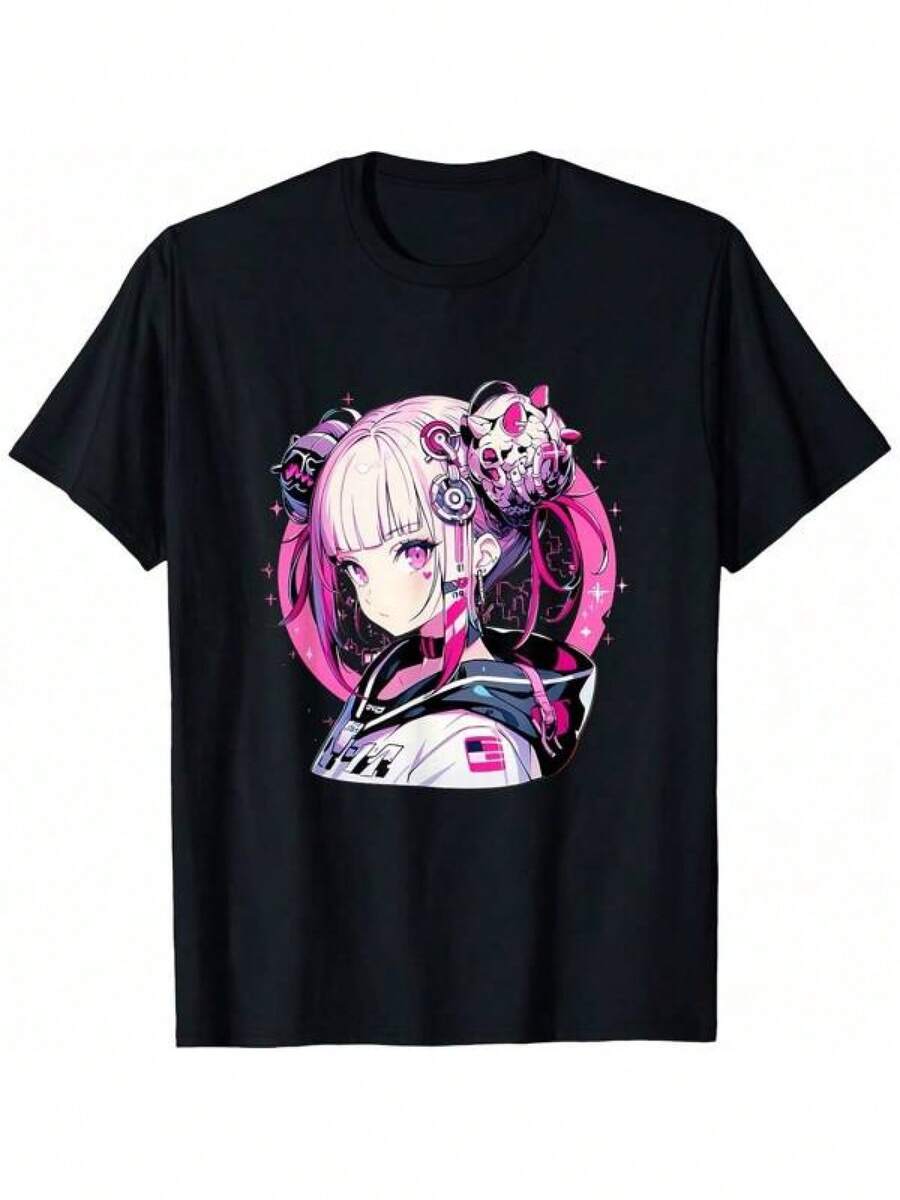 Camiseta con estilo cyberpunk y diseños de chicas anime, especialmente diseñada para fanáticas otaku, 100% algodón. - Negro - Ver 1