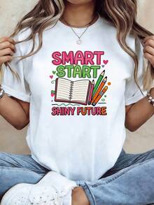 Back To School Season: Women's Spring/Summer Loose Fit T-Shirt With START SHINY FUTURE Print For College Activities, Expressing Hopes For Learning, Short Sleeve For Daily Commuting - Unisex Cotton Short Sleeve Crew Neck Vintage Urban Style T-Shirt. - 白色 - 查看 7