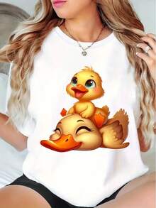 Cartoon Duck Print T-Shirt, Round Neck, Short Sleeve, Casual Style, Country Style Graphic Tee For Everyday Summer Wear - Urban Vintage Style, Unisex, Loose Fit, Cotton, Short Sleeve, Round Neck. - 白色 - 查看 1