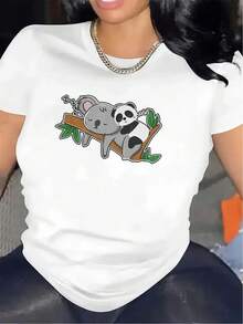 Women's Casual Summer T-Shirt With Animal Print, Cute Graphic T-Shirt Of A Koala And Panda Hugging On A Branch, Short Sleeve, Round Neck, Urban Vintage Style, Unisex, Loose Fit, Cotton - 白色 - 查看 5