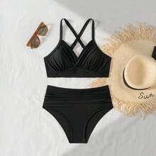Nuevo traje de baño de dos piezas, bikini sexy de cintura alta con frunces en color sólido. - FF1214-BK - Ver 5