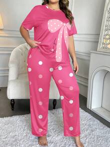Plus Size Women's Polka Dot Bow Print Pajama Set Pink Short Sleeve Top + Long Pants Loungewear 2-Piece Set - Hot Pink - View 2