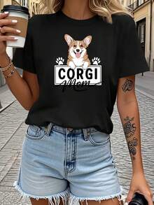 Vintage Style Corgi Mom T-Shirt - 90s American Retro Design, Casual Short Sleeve Crew Neck T-Shirt With Corgi Print, Machine Washable, Ideal For Everyday Wear By Pet Moms. - 黑色 - 查看 1