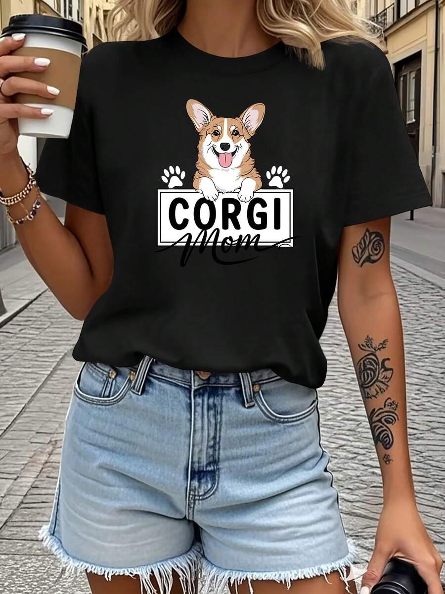Vintage Style Corgi Mom T-Shirt - 90s American Retro Design, Casual Short Sleeve Crew Neck T-Shirt With Corgi Print, Machine Washable, Ideal For Everyday Wear By Pet Moms. - 黑色 - 查看 1