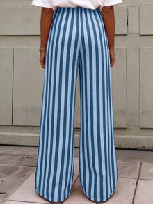 Pantalones a rayas de diseño texturizado minimalista casual chic, corte holgado, versátiles para uso diario - Neblina azul - Ver 6