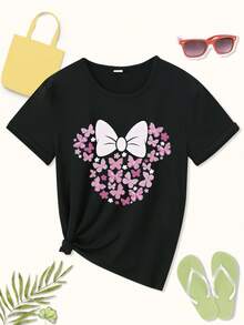 1 Piece Of Short-Sleeved T-Shirt With A Fun Print, Sweet Floral Pattern Of Butterflies And A Bow, Fashionable Casual Short-Sleeved T-Shirt Blouse For Women,  And Fun Single Base Layer With Comfortable Print And Round Neck, Suitable As A Gift T-Shirt, Comfortable And Breathable Sweatshirt - 黑色 - 查看 1