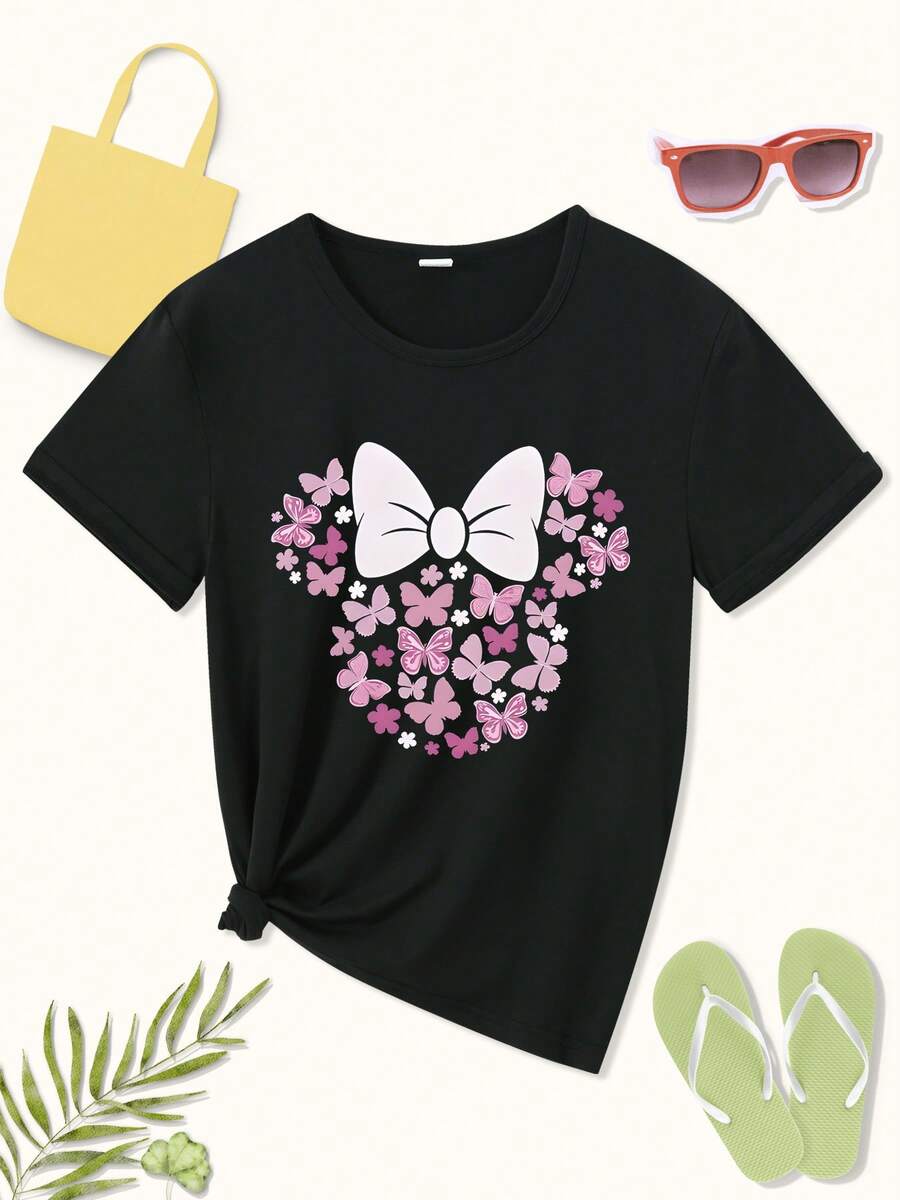 1 Piece Of Short-Sleeved T-Shirt With A Fun Print, Sweet Floral Pattern Of Butterflies And A Bow, Fashionable Casual Short-Sleeved T-Shirt Blouse For Women, And Fun Single Base Layer With Comfortable Print And Round Neck, Suitable As A Gift T-Shirt, Comfortable And Breathable Sweatshirt - 黑色 - 查看 1