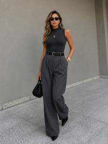 Striped Tailored Wide Leg Pants - Gris Oscuro - Ver 2