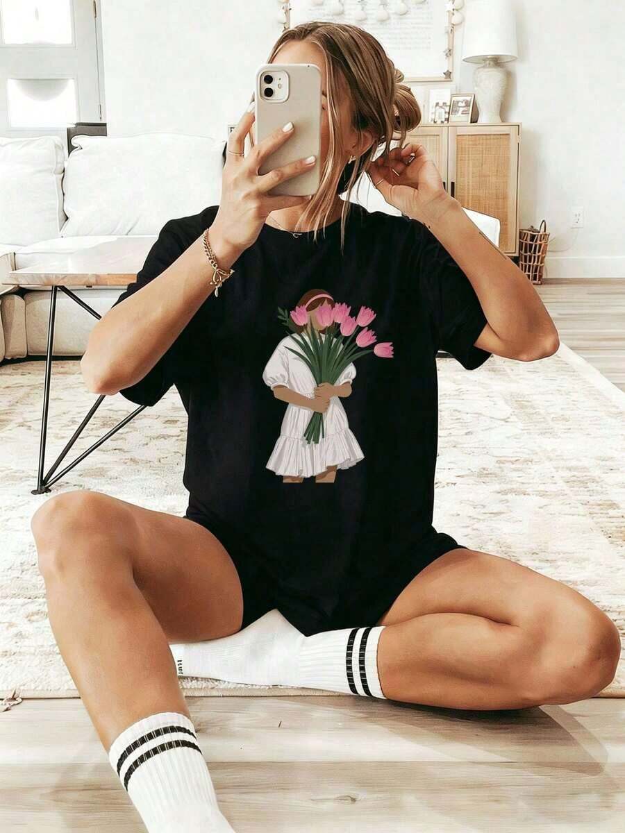PremiumFashion Wo Y2K Minimalist Style White Short Sleeve T-Shirt - Round Neck Top With Pink Tulip Print, Soft And Suitable For Everyday Wear, Spring And Summer Outfits, And Comfortable Loungewear. New Women's Summer T-Shirt, Casual And Comfortable With Round Neck. Gift Idea. - 黑色 - 查看 1