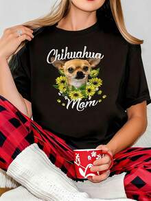 Women's Plus Size T-Shirt With Mama Chihuahua Print, Chihuahua Logo And Sunflower Wreath Slogan, Round Neck, Casual Spring Summer Fashion, Versatile And Stylish For Outdoor Outings - 黑色 - 查看 1