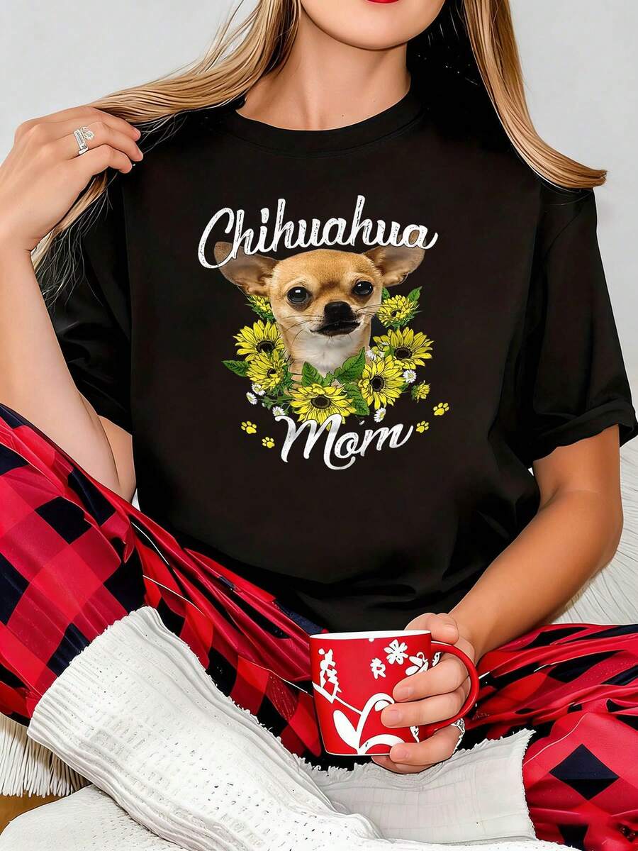 Women's Plus Size T-Shirt With Mama Chihuahua Print, Chihuahua Logo And Sunflower Wreath Slogan, Round Neck, Casual Spring Summer Fashion, Versatile And Stylish For Outdoor Outings - 黑色 - 查看 1