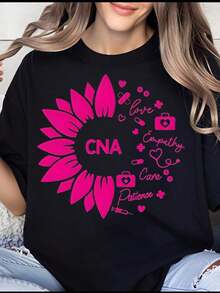 Women's Sunflower Design T-Shirt, Certified By The Nurses Association, For Nursing Assistants, With Messages Of Love, Empathy, Care And Patience, Gift For Nurses And Healthcare Workers - 黑色 - 查看 7