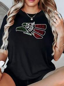 Women's T-Shirt With An Eagle Figure And Mexican Cultural Motifs In Green, White And Red Colors That Symbolize Strength And Pride. - 黑色 - 查看 1