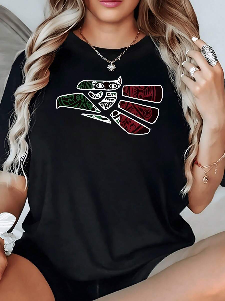 Women's T-Shirt With An Eagle Figure And Mexican Cultural Motifs In Green, White And Red Colors That Symbolize Strength And Pride. - 黑色 - 查看 1
