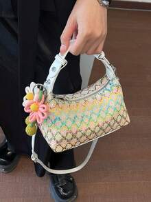 Bolso de mano de piel de serpiente sintética tejida de unicolor de cuero de PU, estilo minimalista, de moda y versátil, viene con un dije de patrón aleatorio - Multicolor - Ver 4