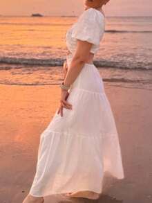 Long White Cotton Dress With Openwork And V-Neck, Spring Summer 2026 - 白色 - 查看 4