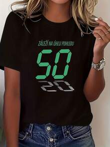Women's T-Shirt With Czech Phrase "It Depends On The Angle", Suitable For Spring/Summer, Short Sleeve Blouse With Round Neck And Czech Letter Print, Machine Washable, Casual Wear For Czech Students And Fashion Sets. Women's Casual Printed T-Shirt, Short Sleeve And Round Neck, Local Urban Fashion For Spring/Summer. - 黑色 - 查看 6