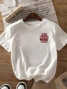 | Exquisite Design | Loose And Comfortable | Easy To Match | T-Shirt With A Print On The Front And Back, Featuring Wealth And Prosperity Motifs, Round Neck, Short Sleeves, Casual Style For Women, Comfortable Fit, Soft To The Touch Fabric, Classic Design, A Must-Have Fashion Item For Women. - 白色 - 查看 3