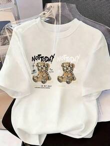 Money Bear T-Shirt With "NOT TODAY" Text, Fashionable Short-Sleeved T-Shirt For Spring And Summer 2026, Made In Mexico, 180 Grams. Cartoon Print, Couple Design, Suitable For Indoor Or Outdoor Wear. Crew Neck, Unisex, Ideal For Office And Leisure. One-Pack. - WH-P631577SLNDXZGY579 - 查看 2