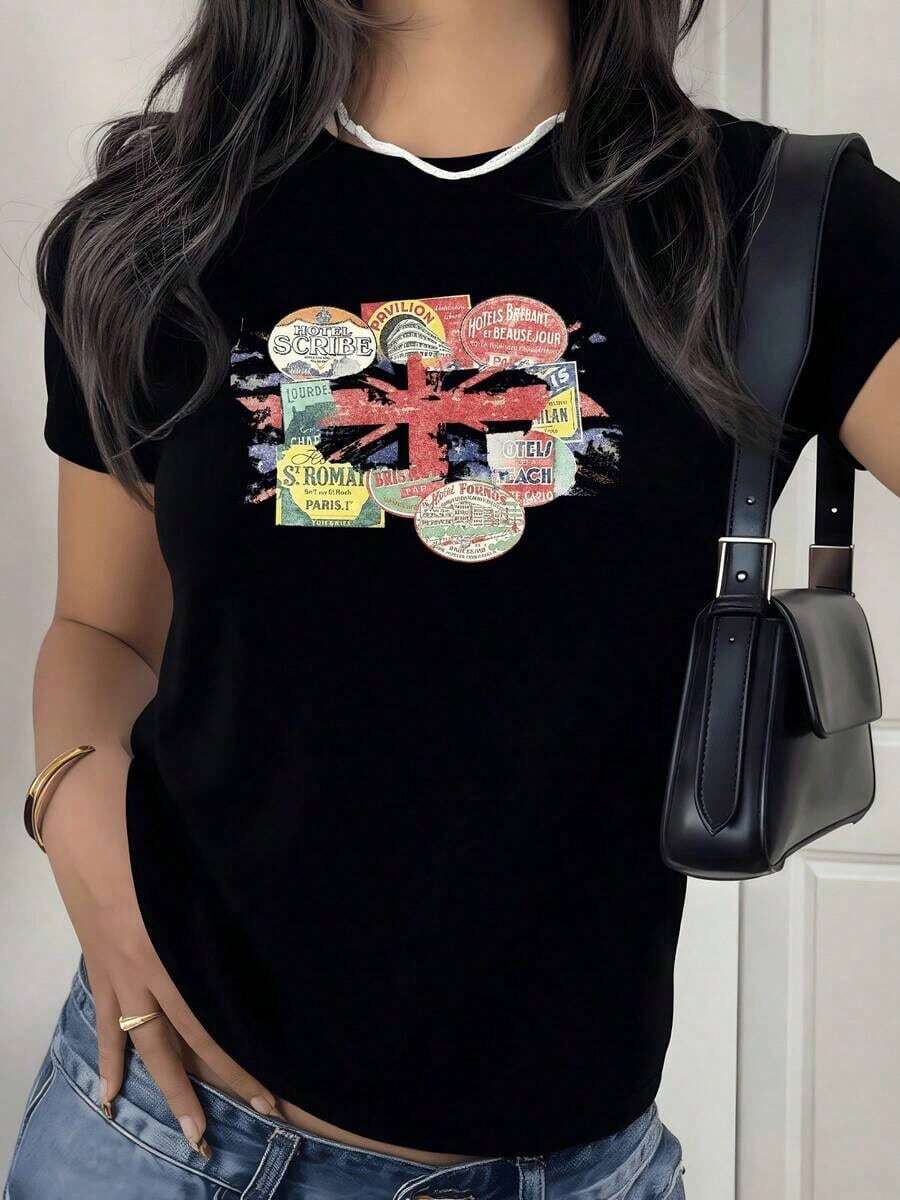 2026 New Cotton Shirt - 100% Cotton. British Flag Fused With Vintage European Hotel Labels Symbolizes Classic Travel And Cosmopolitan Spirit. Soft, Comfortable, And Modern Women's T-Shirt. Women's Simple Solid Color Shirt, Loose And Casual Short Sleeve - 黑色 - 查看 1